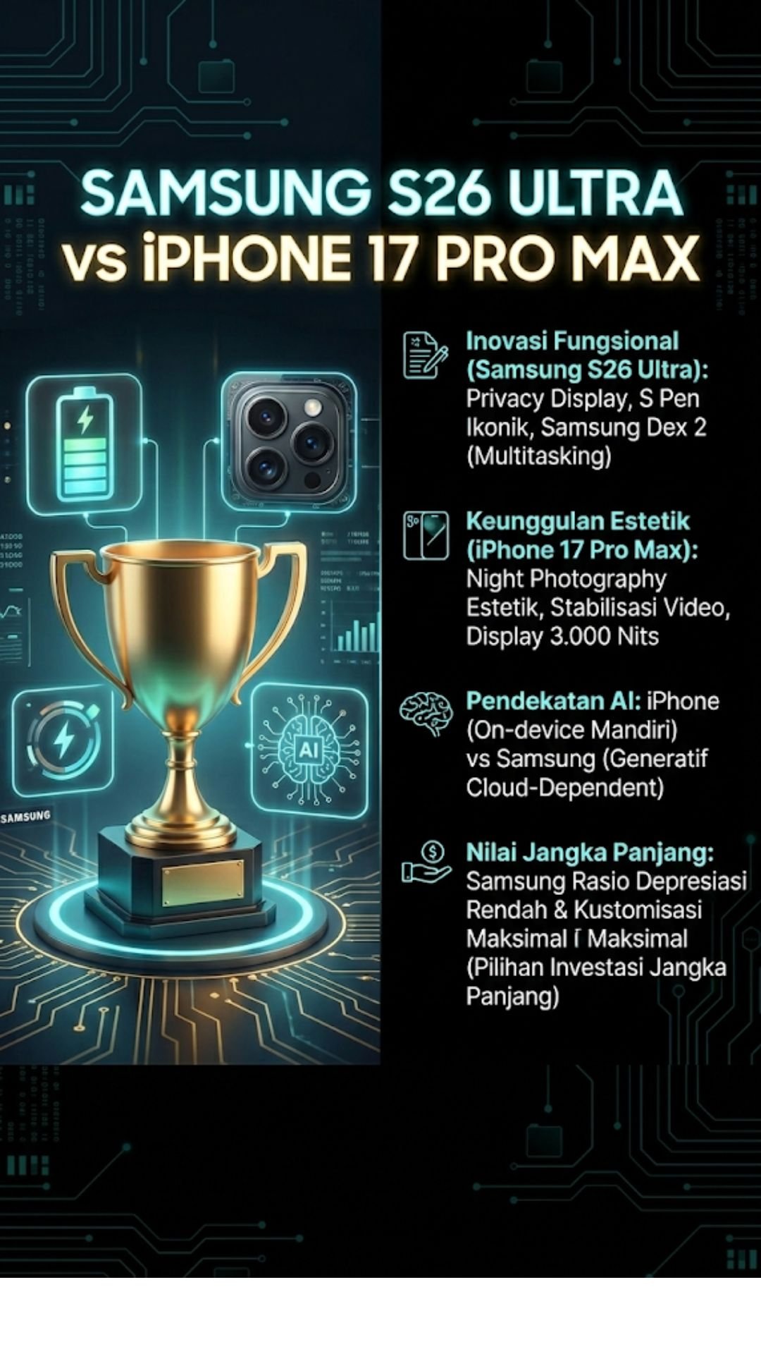 Samsung S26 Ultra vs iPhone 17 Pro Max: Kalian Pilih Yang Mana? 4 Ringkasan Samsung S26 Ultra vs iPhone 17 Pro Max